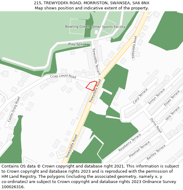 215, TREWYDDFA ROAD, MORRISTON, SWANSEA, SA6 8NX: Location map and indicative extent of plot