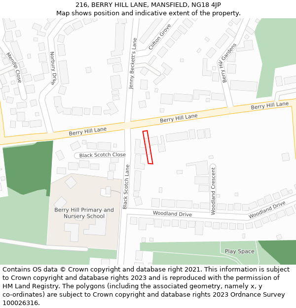 216, BERRY HILL LANE, MANSFIELD, NG18 4JP: Location map and indicative extent of plot