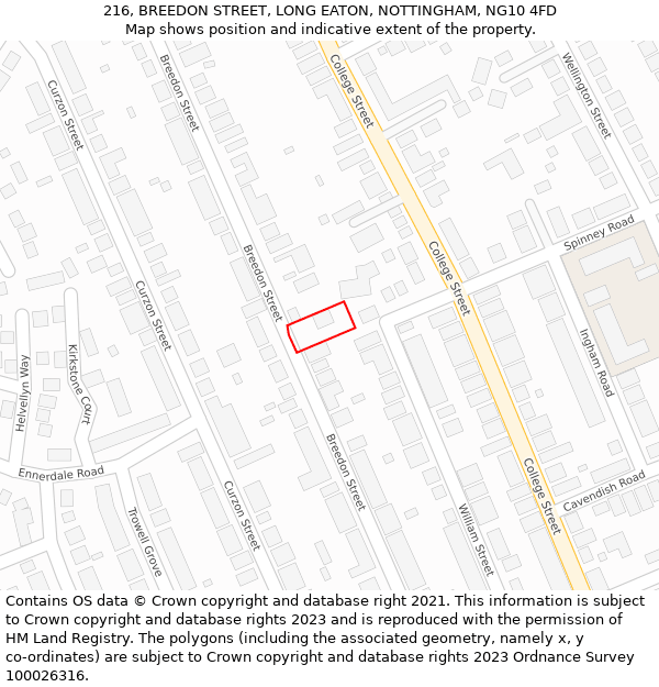 216, BREEDON STREET, LONG EATON, NOTTINGHAM, NG10 4FD: Location map and indicative extent of plot