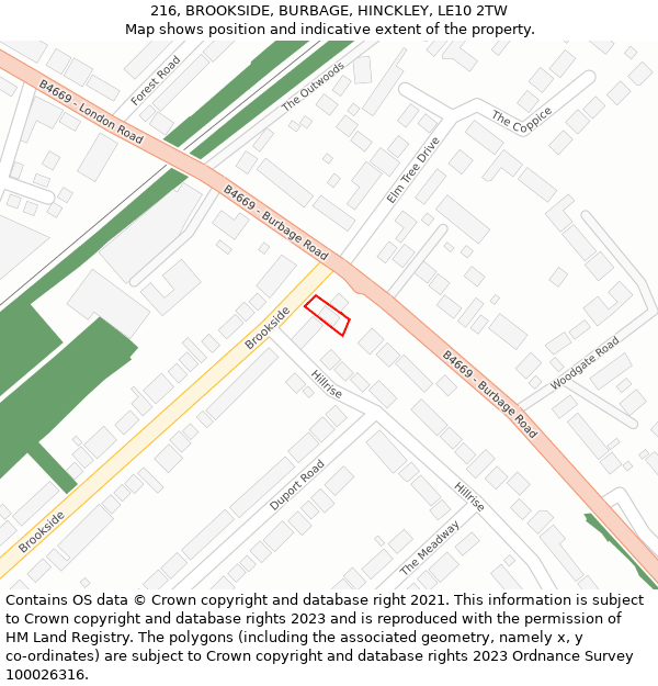 216, BROOKSIDE, BURBAGE, HINCKLEY, LE10 2TW: Location map and indicative extent of plot