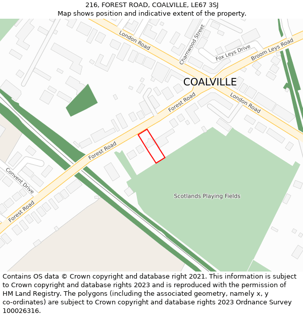 216, FOREST ROAD, COALVILLE, LE67 3SJ: Location map and indicative extent of plot