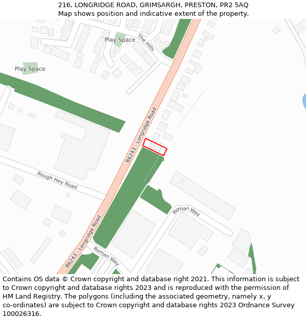 216, LONGRIDGE ROAD, GRIMSARGH, PRESTON, PR2 5AQ: Location map and indicative extent of plot