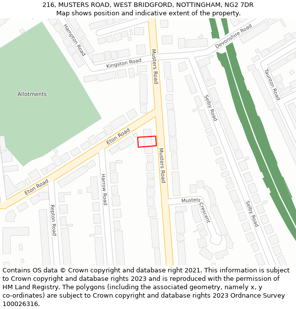 216, MUSTERS ROAD, WEST BRIDGFORD, NOTTINGHAM, NG2 7DR: Location map and indicative extent of plot