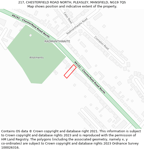 217, CHESTERFIELD ROAD NORTH, PLEASLEY, MANSFIELD, NG19 7QS: Location map and indicative extent of plot