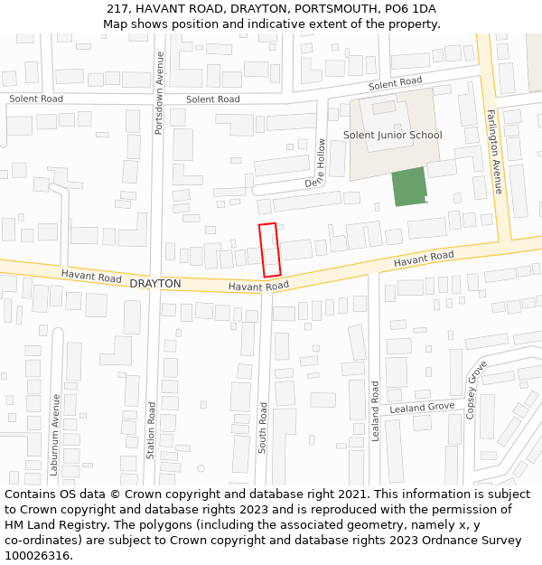 217, HAVANT ROAD, DRAYTON, PORTSMOUTH, PO6 1DA: Location map and indicative extent of plot