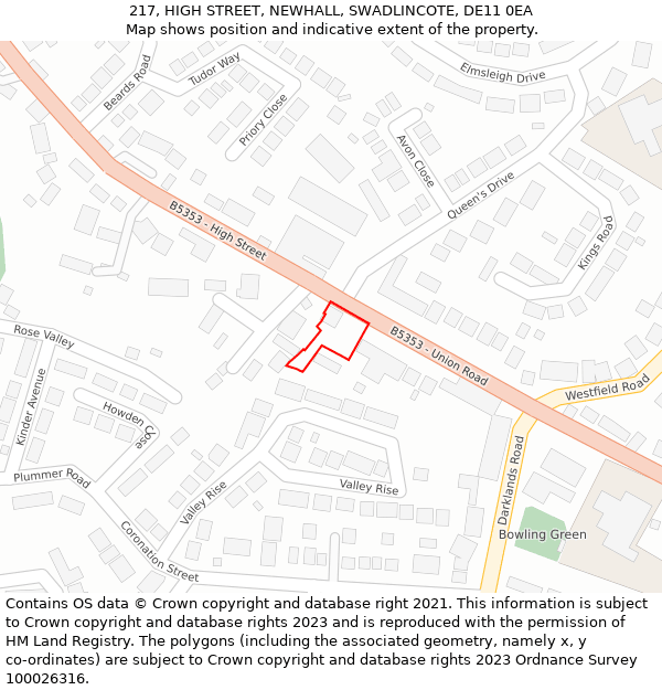 217, HIGH STREET, NEWHALL, SWADLINCOTE, DE11 0EA: Location map and indicative extent of plot