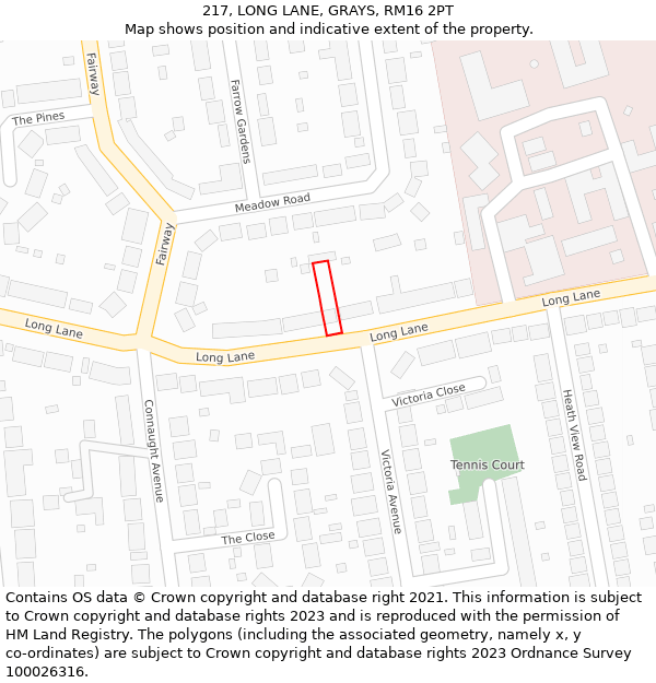 217, LONG LANE, GRAYS, RM16 2PT: Location map and indicative extent of plot