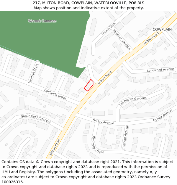 217, MILTON ROAD, COWPLAIN, WATERLOOVILLE, PO8 8LS: Location map and indicative extent of plot