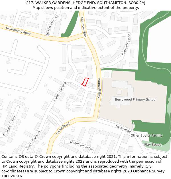 217, WALKER GARDENS, HEDGE END, SOUTHAMPTON, SO30 2AJ: Location map and indicative extent of plot