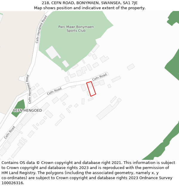 218, CEFN ROAD, BONYMAEN, SWANSEA, SA1 7JE: Location map and indicative extent of plot