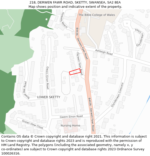 218, DERWEN FAWR ROAD, SKETTY, SWANSEA, SA2 8EA: Location map and indicative extent of plot