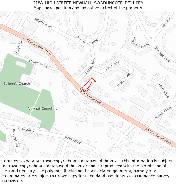 218A, HIGH STREET, NEWHALL, SWADLINCOTE, DE11 0EA: Location map and indicative extent of plot