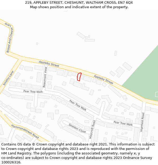 219, APPLEBY STREET, CHESHUNT, WALTHAM CROSS, EN7 6QX: Location map and indicative extent of plot