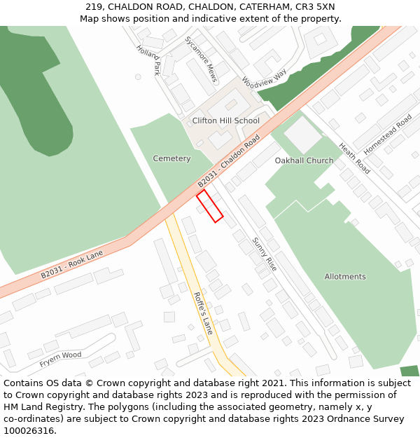 219, CHALDON ROAD, CHALDON, CATERHAM, CR3 5XN: Location map and indicative extent of plot