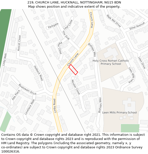 219, CHURCH LANE, HUCKNALL, NOTTINGHAM, NG15 8DN: Location map and indicative extent of plot