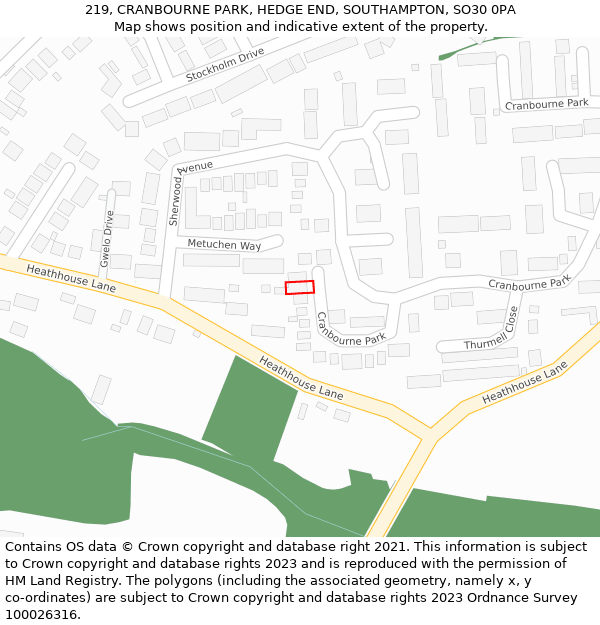 219, CRANBOURNE PARK, HEDGE END, SOUTHAMPTON, SO30 0PA: Location map and indicative extent of plot