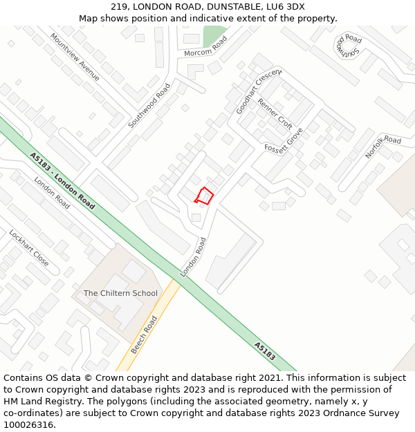 219, LONDON ROAD, DUNSTABLE, LU6 3DX: Location map and indicative extent of plot