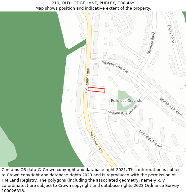 219, OLD LODGE LANE, PURLEY, CR8 4AY: Location map and indicative extent of plot