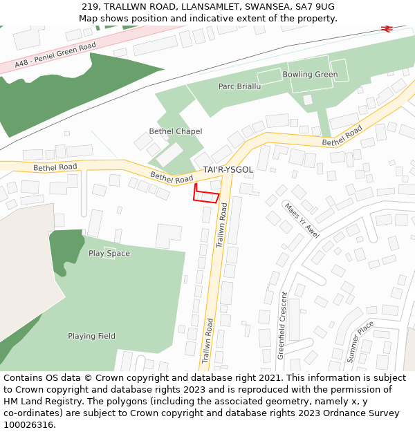219, TRALLWN ROAD, LLANSAMLET, SWANSEA, SA7 9UG: Location map and indicative extent of plot