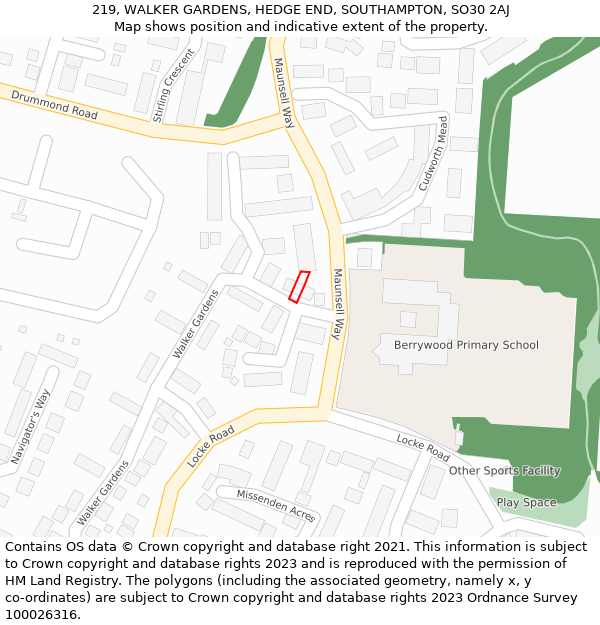 219, WALKER GARDENS, HEDGE END, SOUTHAMPTON, SO30 2AJ: Location map and indicative extent of plot
