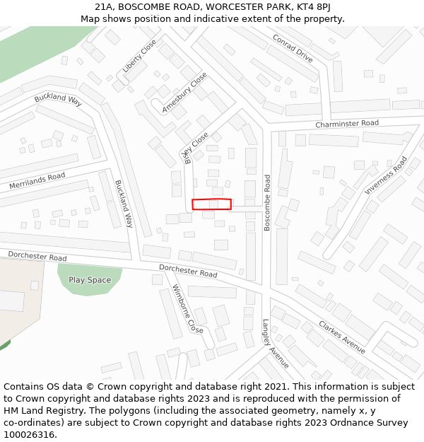 21A, BOSCOMBE ROAD, WORCESTER PARK, KT4 8PJ: Location map and indicative extent of plot