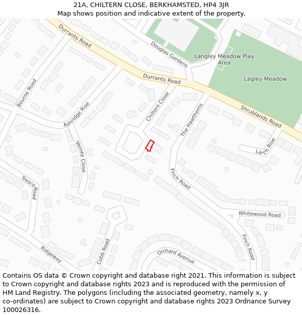 21A, CHILTERN CLOSE, BERKHAMSTED, HP4 3JR: Location map and indicative extent of plot