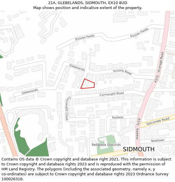 21A, GLEBELANDS, SIDMOUTH, EX10 8UD: Location map and indicative extent of plot