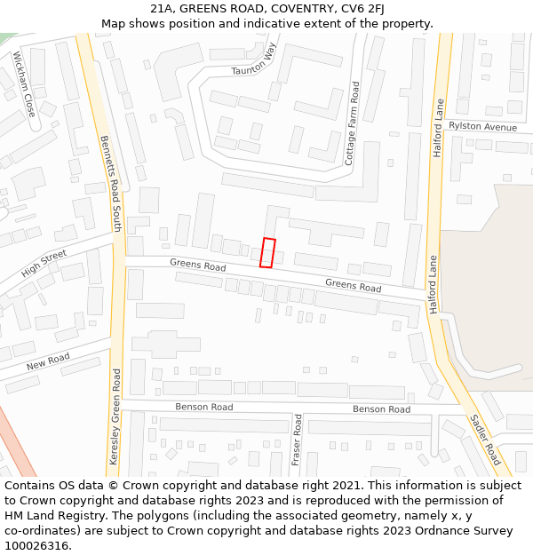 21A, GREENS ROAD, COVENTRY, CV6 2FJ: Location map and indicative extent of plot
