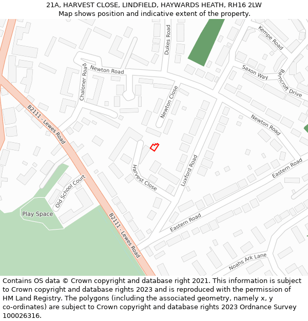 21A, HARVEST CLOSE, LINDFIELD, HAYWARDS HEATH, RH16 2LW: Location map and indicative extent of plot