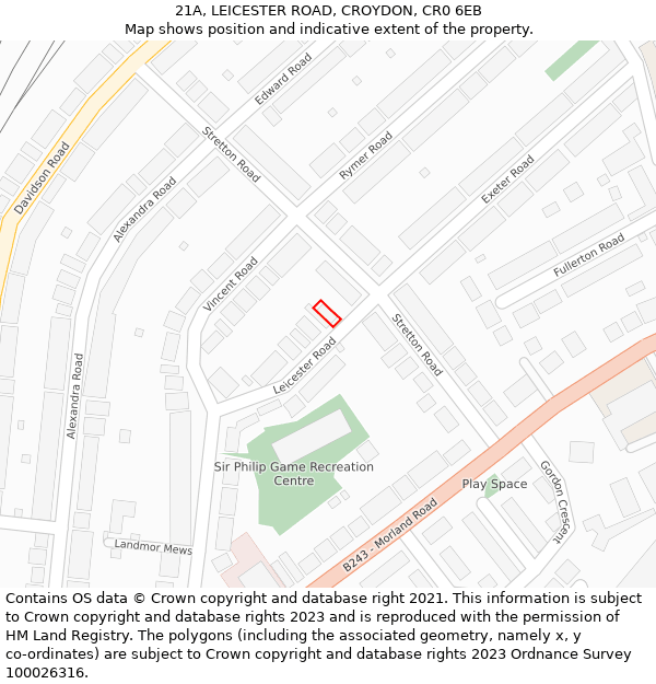 21A, LEICESTER ROAD, CROYDON, CR0 6EB: Location map and indicative extent of plot