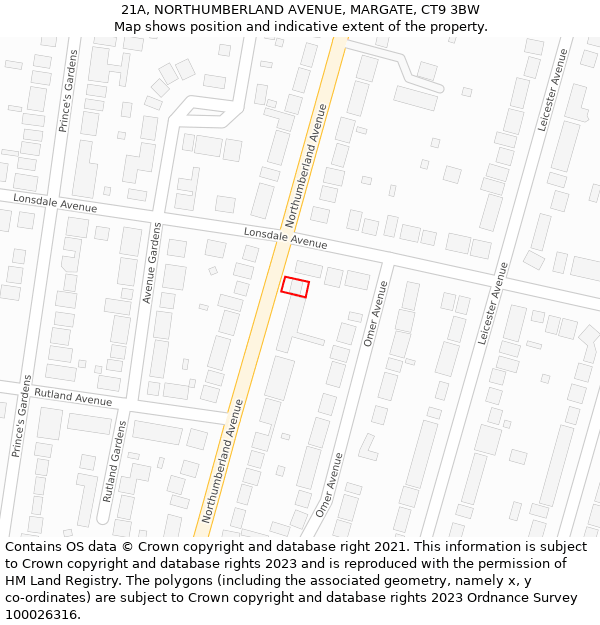 21A, NORTHUMBERLAND AVENUE, MARGATE, CT9 3BW: Location map and indicative extent of plot