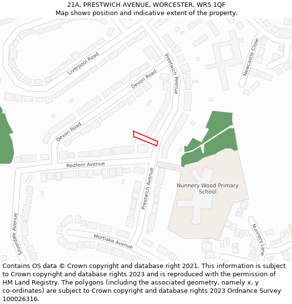 21A, PRESTWICH AVENUE, WORCESTER, WR5 1QF: Location map and indicative extent of plot