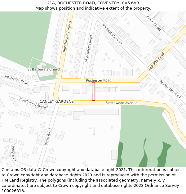 21A, ROCHESTER ROAD, COVENTRY, CV5 6AB: Location map and indicative extent of plot