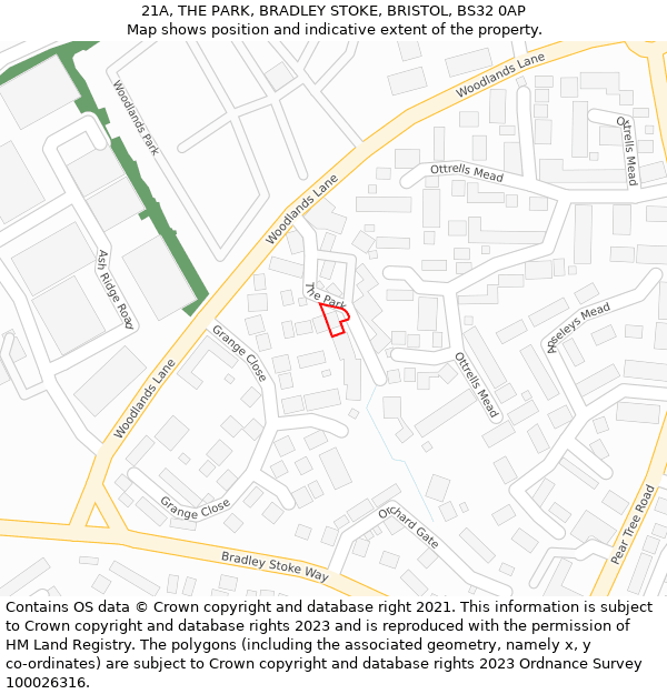 21A, THE PARK, BRADLEY STOKE, BRISTOL, BS32 0AP: Location map and indicative extent of plot