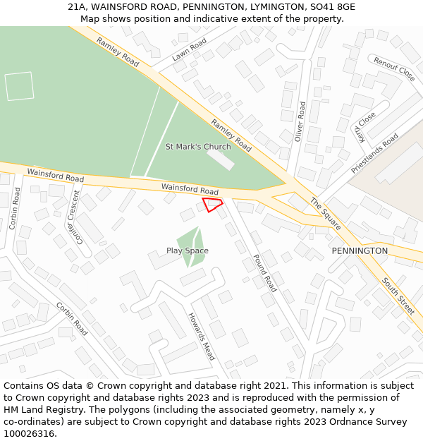 21A, WAINSFORD ROAD, PENNINGTON, LYMINGTON, SO41 8GE: Location map and indicative extent of plot