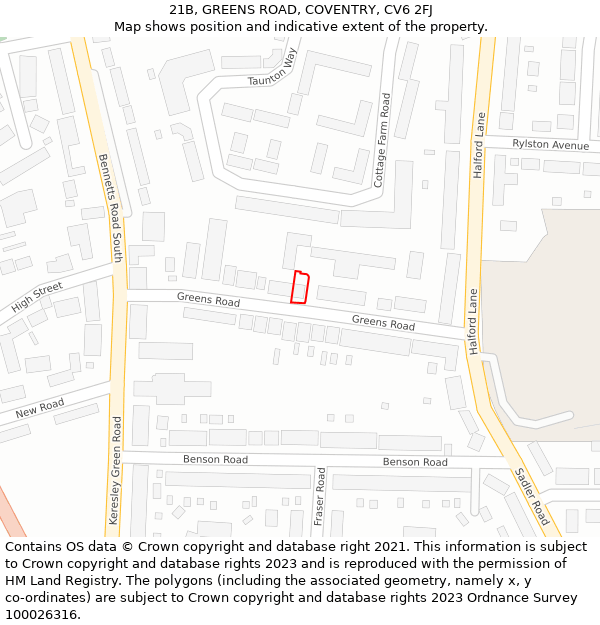 21B, GREENS ROAD, COVENTRY, CV6 2FJ: Location map and indicative extent of plot