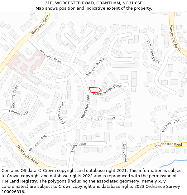 21B, WORCESTER ROAD, GRANTHAM, NG31 8SF: Location map and indicative extent of plot