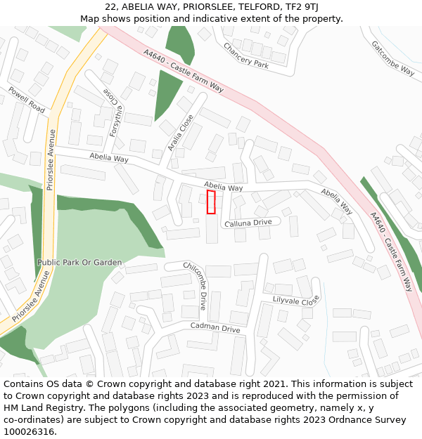 22, ABELIA WAY, PRIORSLEE, TELFORD, TF2 9TJ: Location map and indicative extent of plot