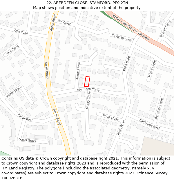 22, ABERDEEN CLOSE, STAMFORD, PE9 2TN: Location map and indicative extent of plot