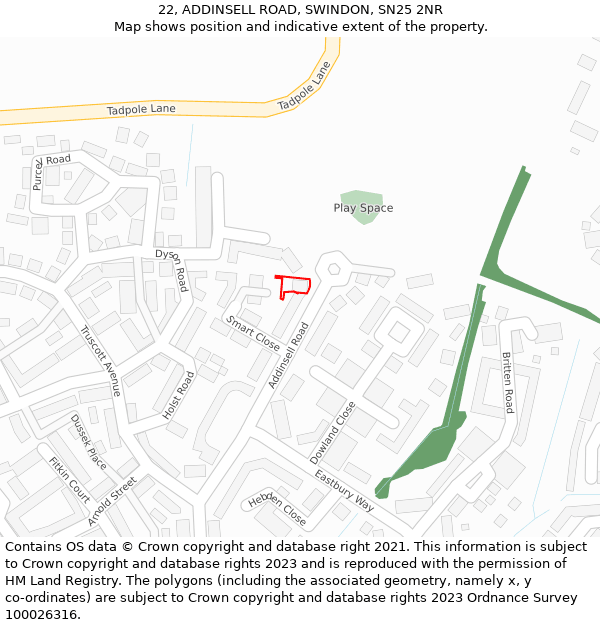 22, ADDINSELL ROAD, SWINDON, SN25 2NR: Location map and indicative extent of plot