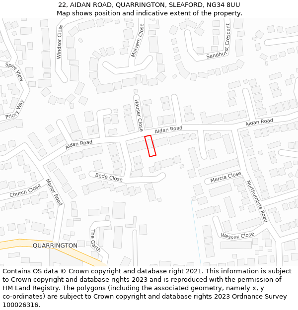 22, AIDAN ROAD, QUARRINGTON, SLEAFORD, NG34 8UU: Location map and indicative extent of plot