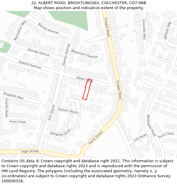 22, ALBERT ROAD, BRIGHTLINGSEA, COLCHESTER, CO7 0NB: Location map and indicative extent of plot