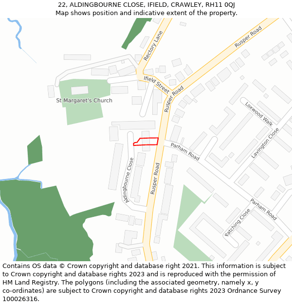 22, ALDINGBOURNE CLOSE, IFIELD, CRAWLEY, RH11 0QJ: Location map and indicative extent of plot