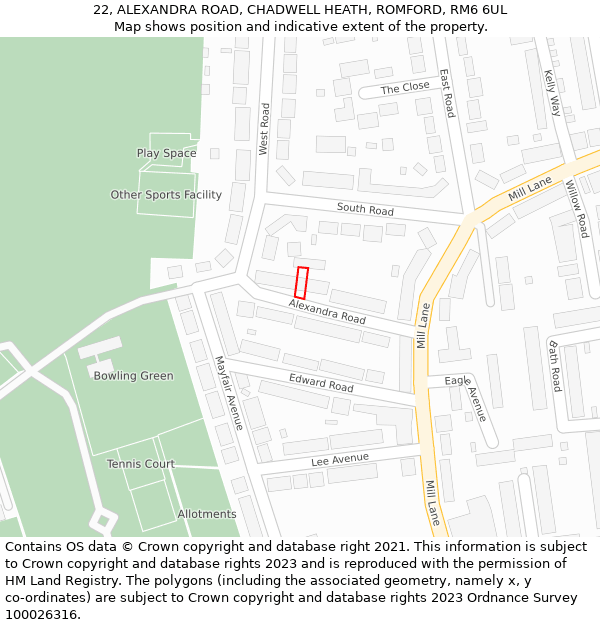 22, ALEXANDRA ROAD, CHADWELL HEATH, ROMFORD, RM6 6UL: Location map and indicative extent of plot