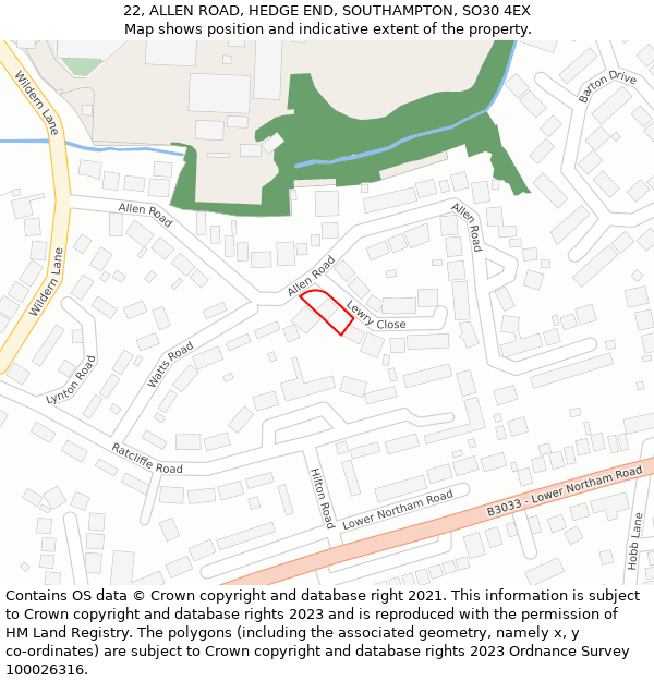 22, ALLEN ROAD, HEDGE END, SOUTHAMPTON, SO30 4EX: Location map and indicative extent of plot