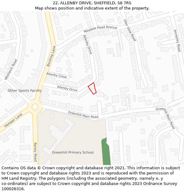 22, ALLENBY DRIVE, SHEFFIELD, S8 7RS: Location map and indicative extent of plot