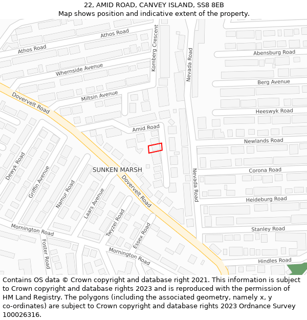 22, AMID ROAD, CANVEY ISLAND, SS8 8EB: Location map and indicative extent of plot