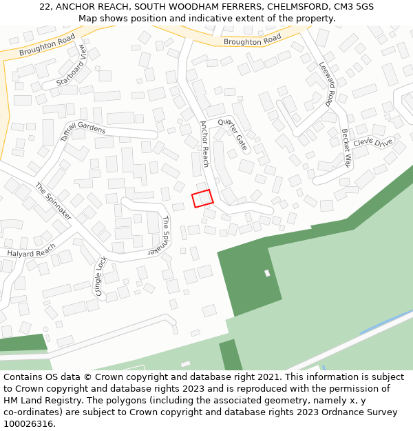 22, ANCHOR REACH, SOUTH WOODHAM FERRERS, CHELMSFORD, CM3 5GS: Location map and indicative extent of plot