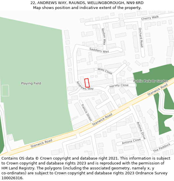 22, ANDREWS WAY, RAUNDS, WELLINGBOROUGH, NN9 6RD: Location map and indicative extent of plot