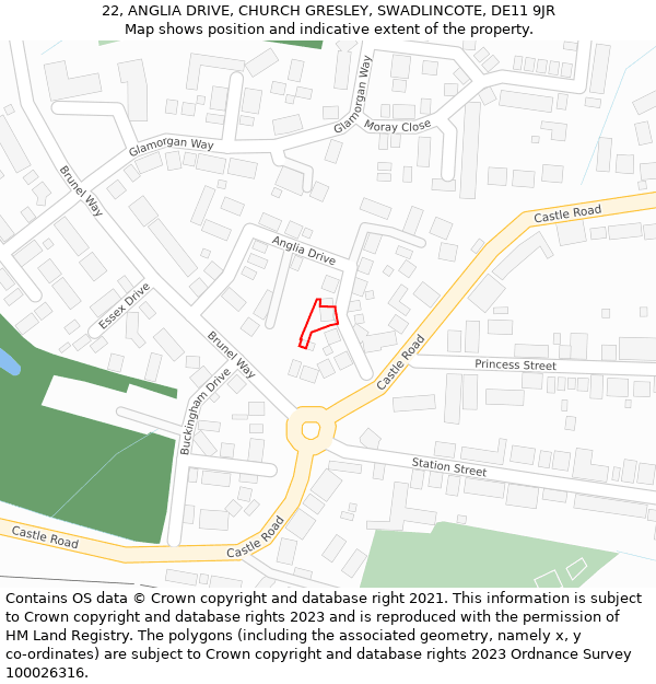 22, ANGLIA DRIVE, CHURCH GRESLEY, SWADLINCOTE, DE11 9JR: Location map and indicative extent of plot